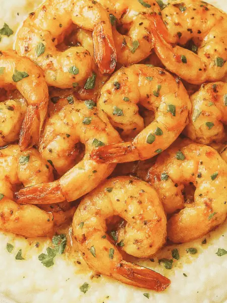 A bowl of creamy cauliflower grits topped with garlic butter shrimp, fresh parsley, and lemon — a healthy, low-carb twist on Southern shrimp and grits.