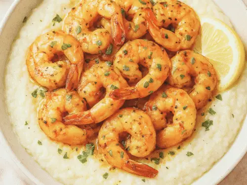 A bowl of creamy cauliflower grits topped with garlic butter shrimp, fresh parsley, and lemon — a healthy, low-carb twist on Southern shrimp and grits.