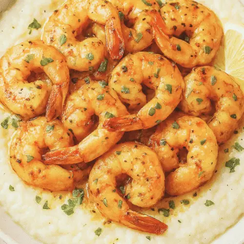 A bowl of creamy cauliflower grits topped with garlic butter shrimp, fresh parsley, and lemon — a healthy, low-carb twist on Southern shrimp and grits.