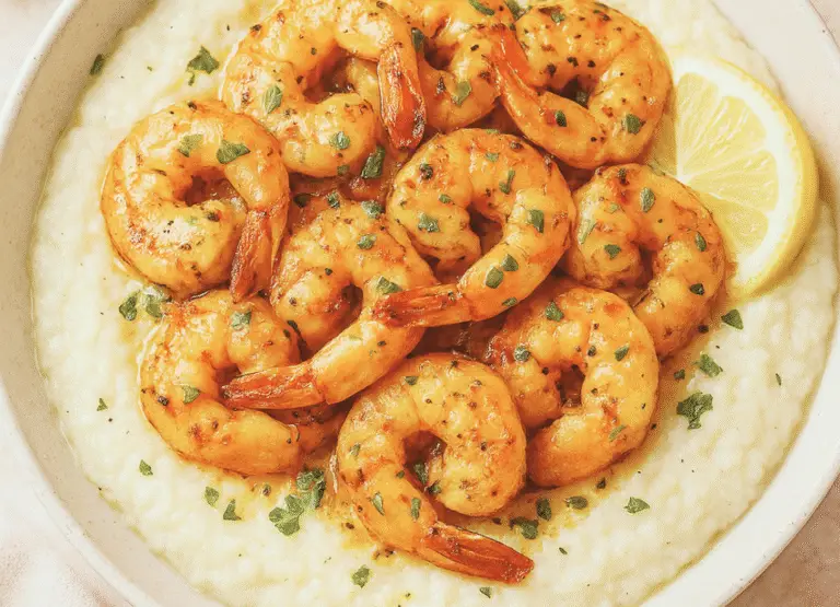 A bowl of creamy cauliflower grits topped with garlic butter shrimp, fresh parsley, and lemon — a healthy, low-carb twist on Southern shrimp and grits.