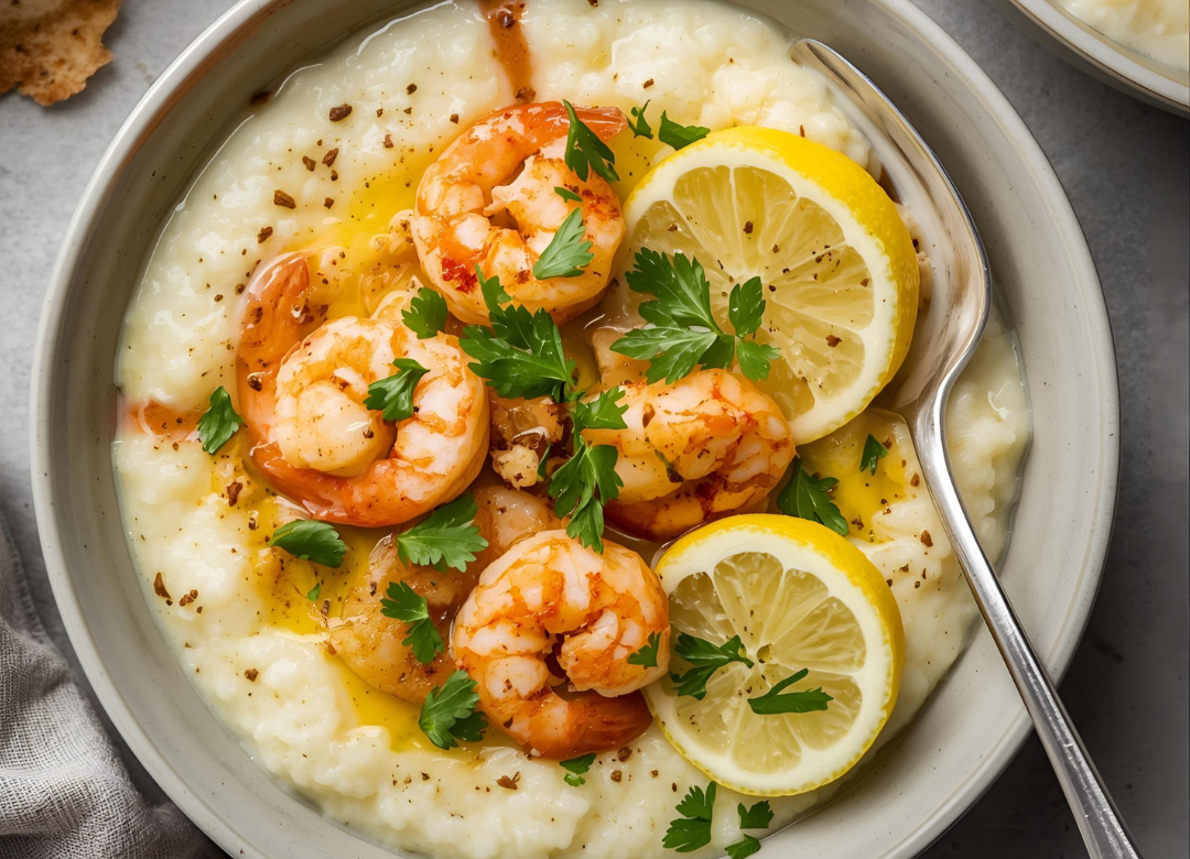 A bowl of creamy cauliflower grits topped with garlic butter shrimp, fresh parsley, and lemon — a healthy, low-carb twist on Southern shrimp and grits.