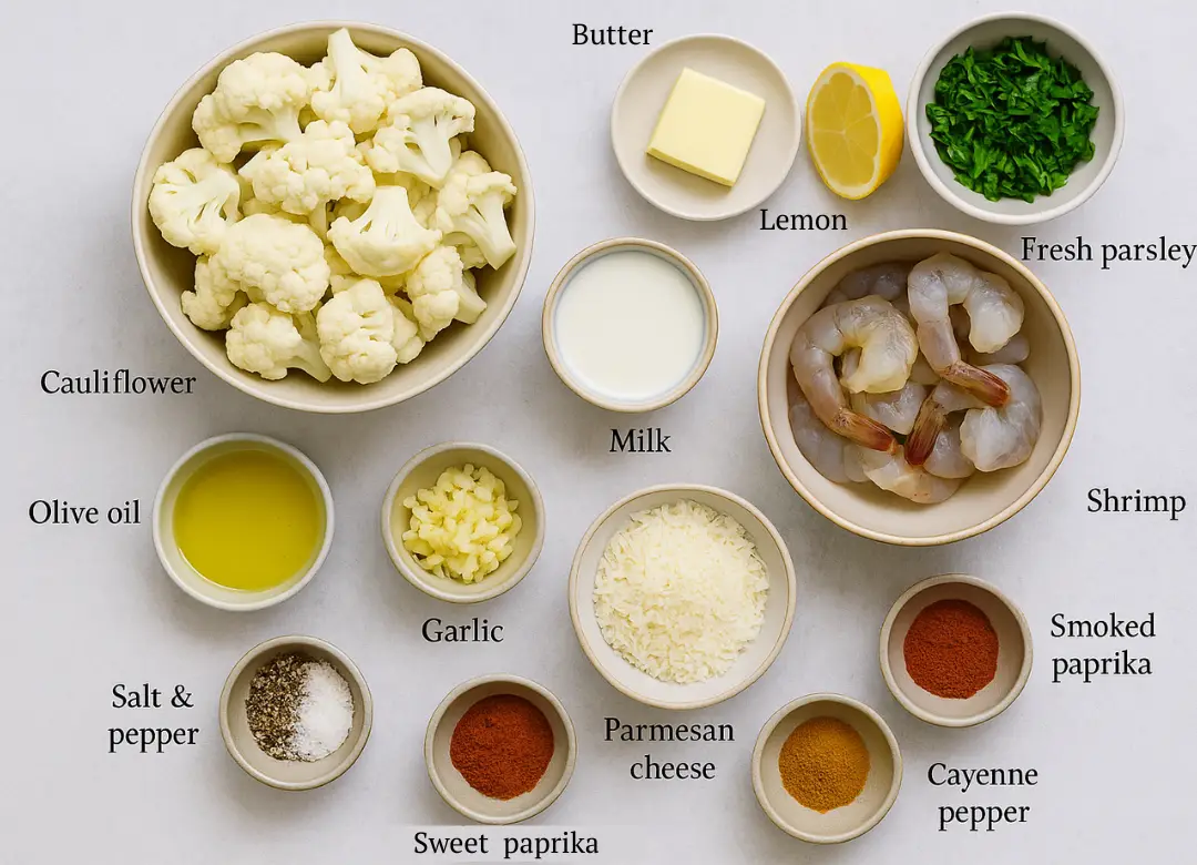 Ingredients list for Cauliflower Shrimp Grits
