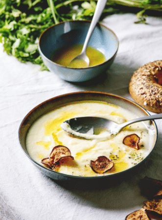 "Creamy parsnip and celery root bisque"