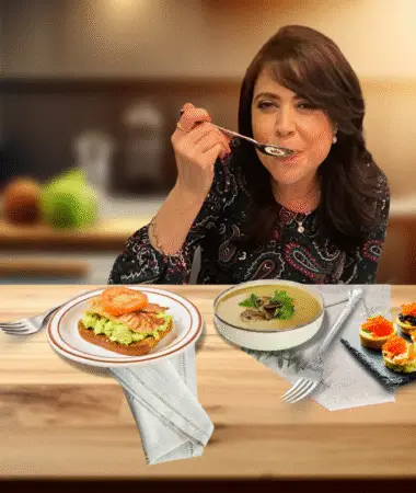 Ahlam photo in the kitchen tasting the food