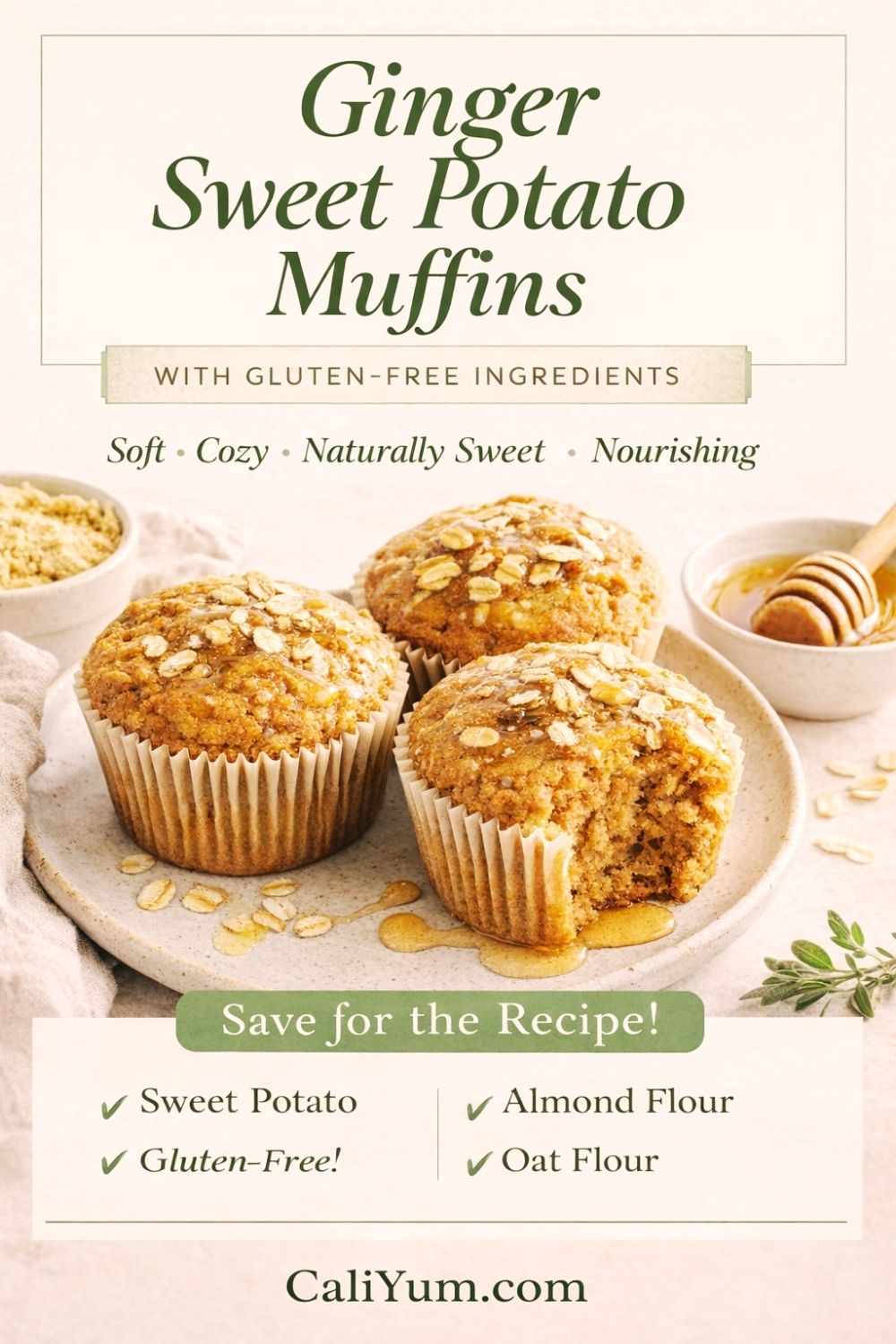 Ginger sweet potato muffins with honey drizzle, soft and moist gluten-free muffins on a plate