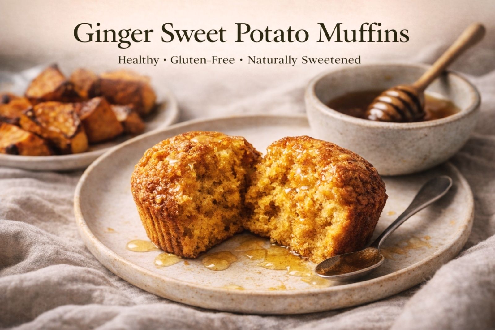 CaliYum Healthy and Gluten Free Ginger Sweet Potato Muffins open faced with Honey